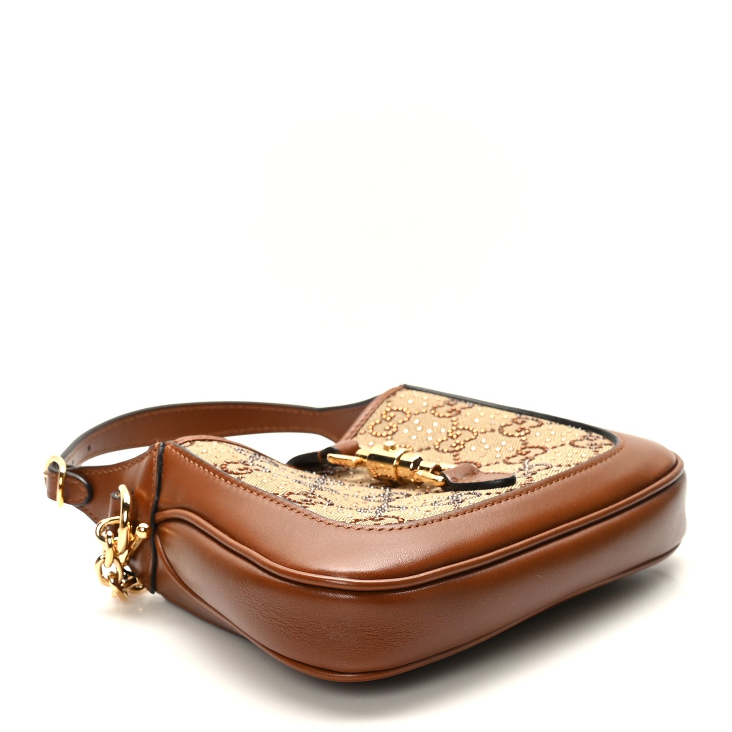 New Canvas Charisma Calfskin Crystal GG Monogram Mini Jackie 1961 Hobo Camel Ebony