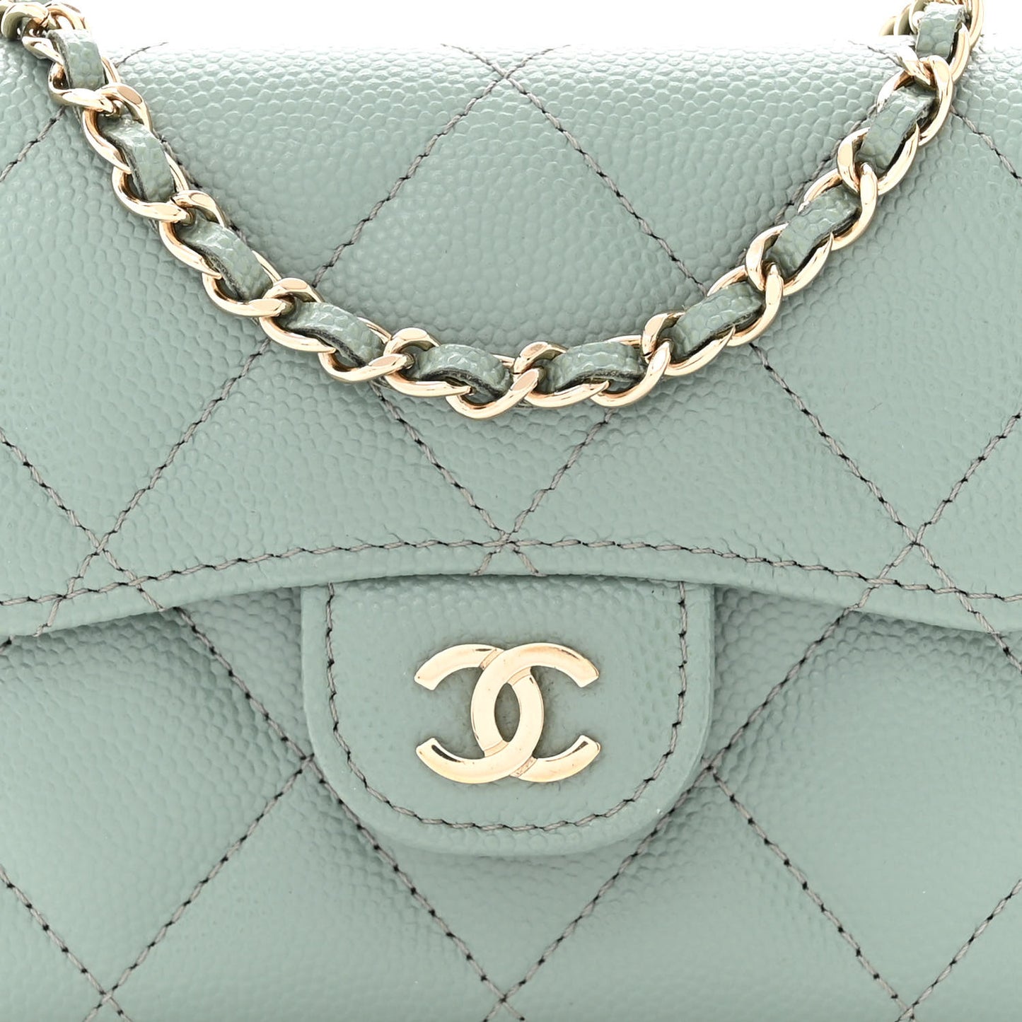 Caviar Quilted Flap Card Holder On Chain Light Green