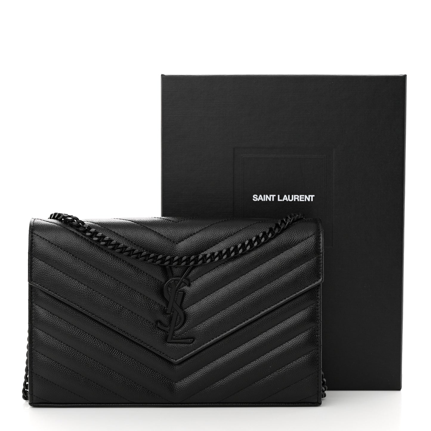 Grain De Poudre Matelasse Chevron Monogram Monochrome Chain Wallet Black