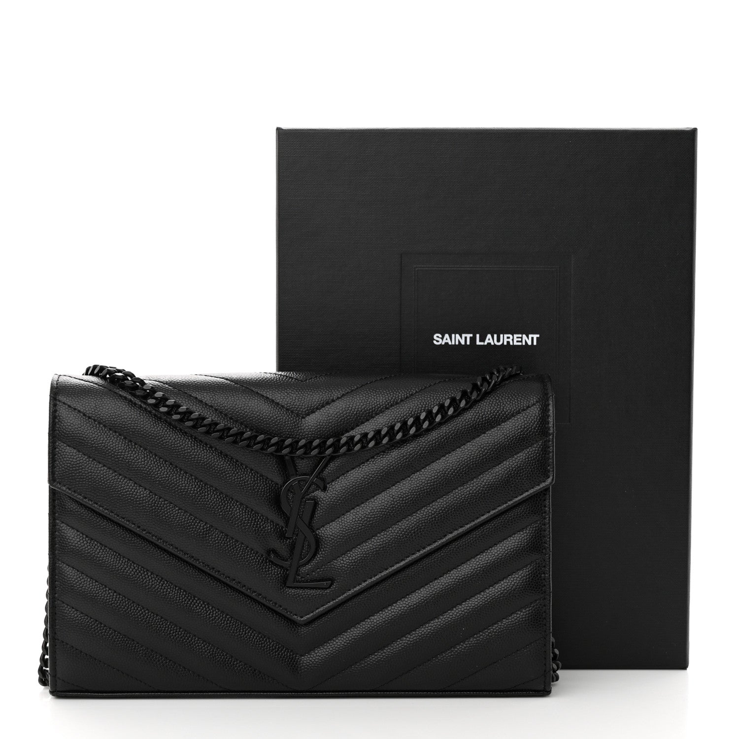 Saint Laurent Grain De Poudre Matelasse Chevron Monogram Monochrome Chain Wallet Black 14 of 14