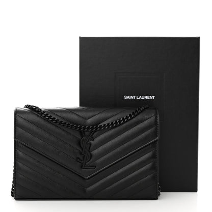 Saint Laurent Grain De Poudre Matelasse Chevron Monogram Monochrome Chain Wallet Black 14 of 14