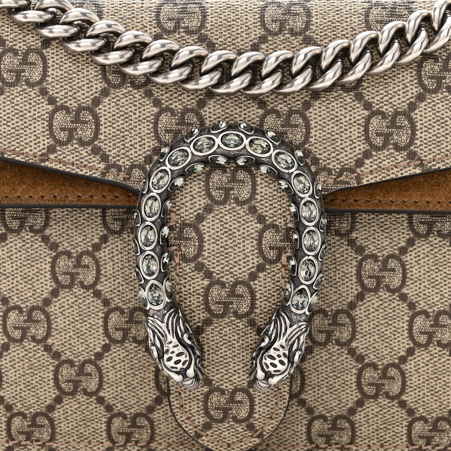 Gucci GG Supreme Monogram Suede Crystal Small Dionysus Shoulder Bag Beige Ebony Taupe 9 of 12