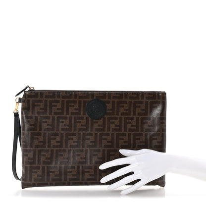 Fendi Glazed Fabric Vitello Century FF 1974 Stamp Patch Large Flat Pouch Mogano Panna Black 2 of 8