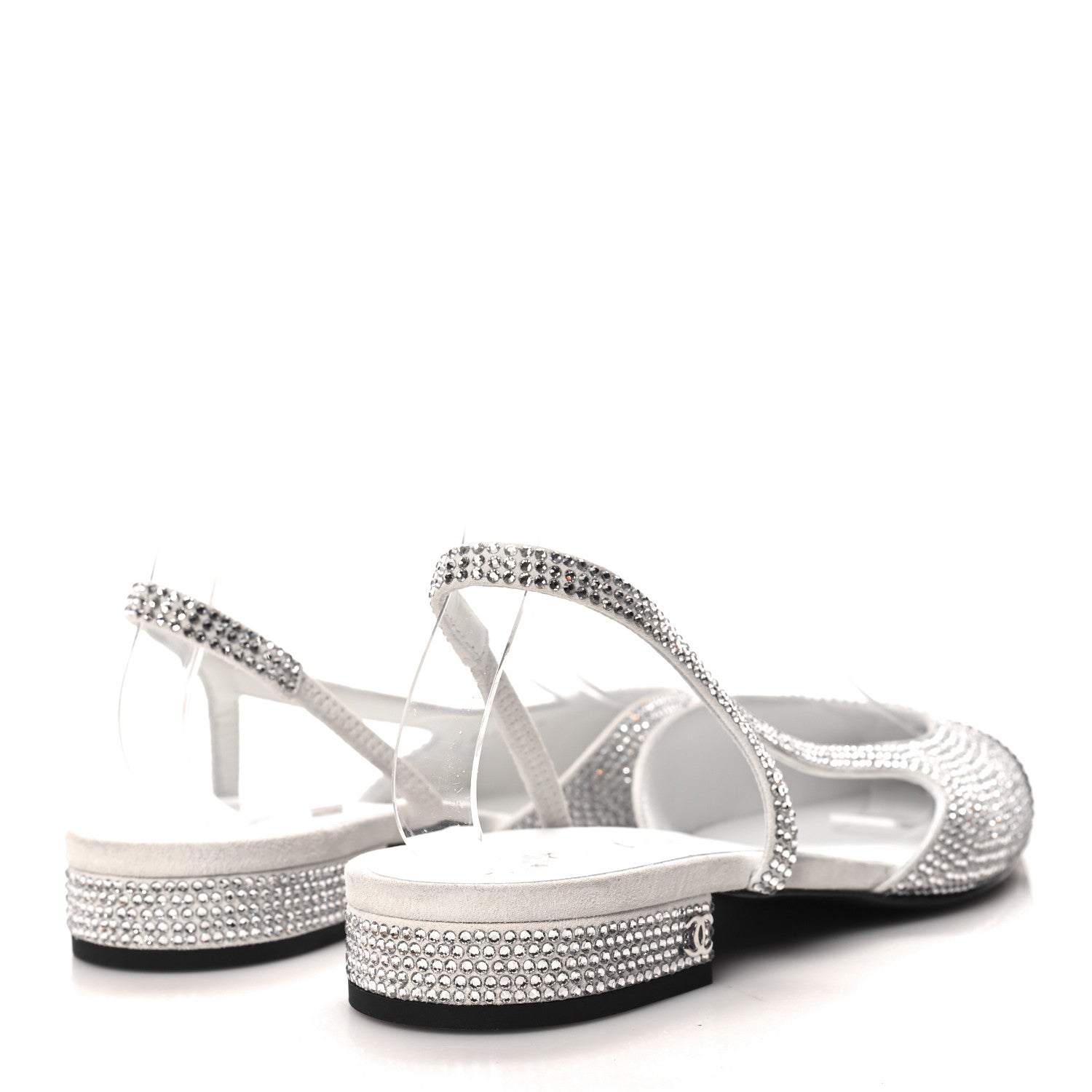 Chanel Strass Grosgrain Cap Toe CC Slingback Flats 38 Silver Black 4 of 9