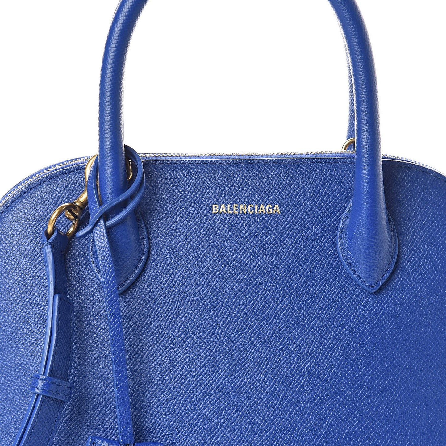 Signature Grained Calfskin Logo S Ville Top Handle Bag Bleu Roi White