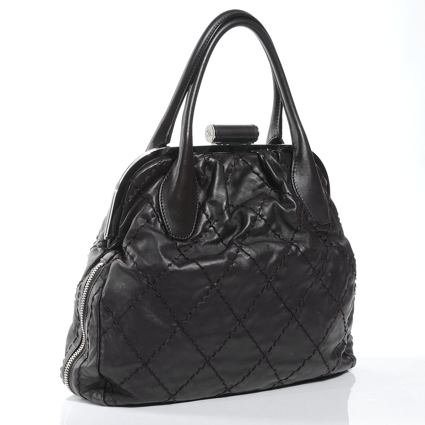 Lambskin Expandable Stitched Frame Top Bag Black
