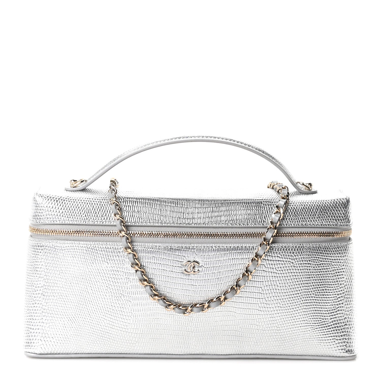 Chanel Lizard Embossed Top Handle Slim Vanity With Chain Silver 1 of 10