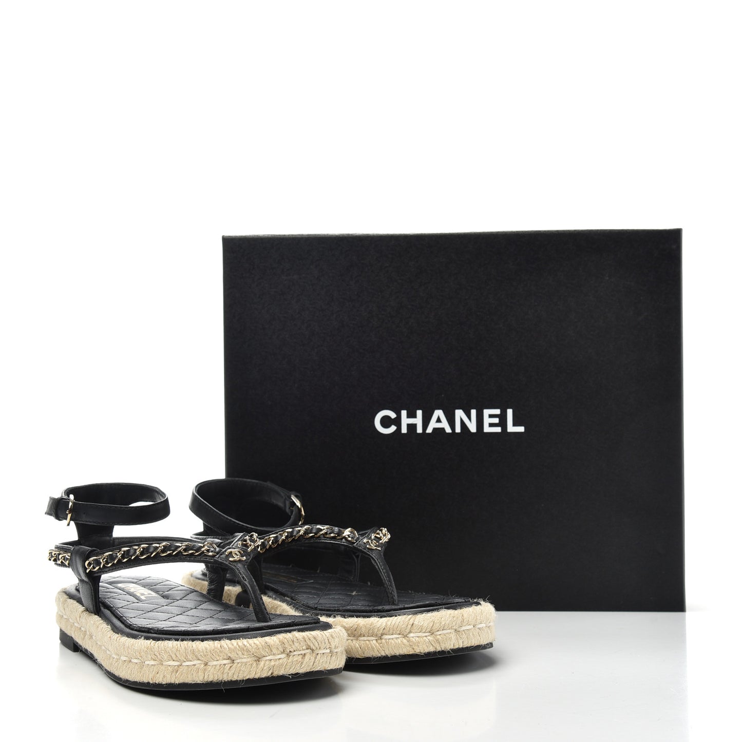 Lambskin Chain CC Thong Espadrille Sandals 38 Black