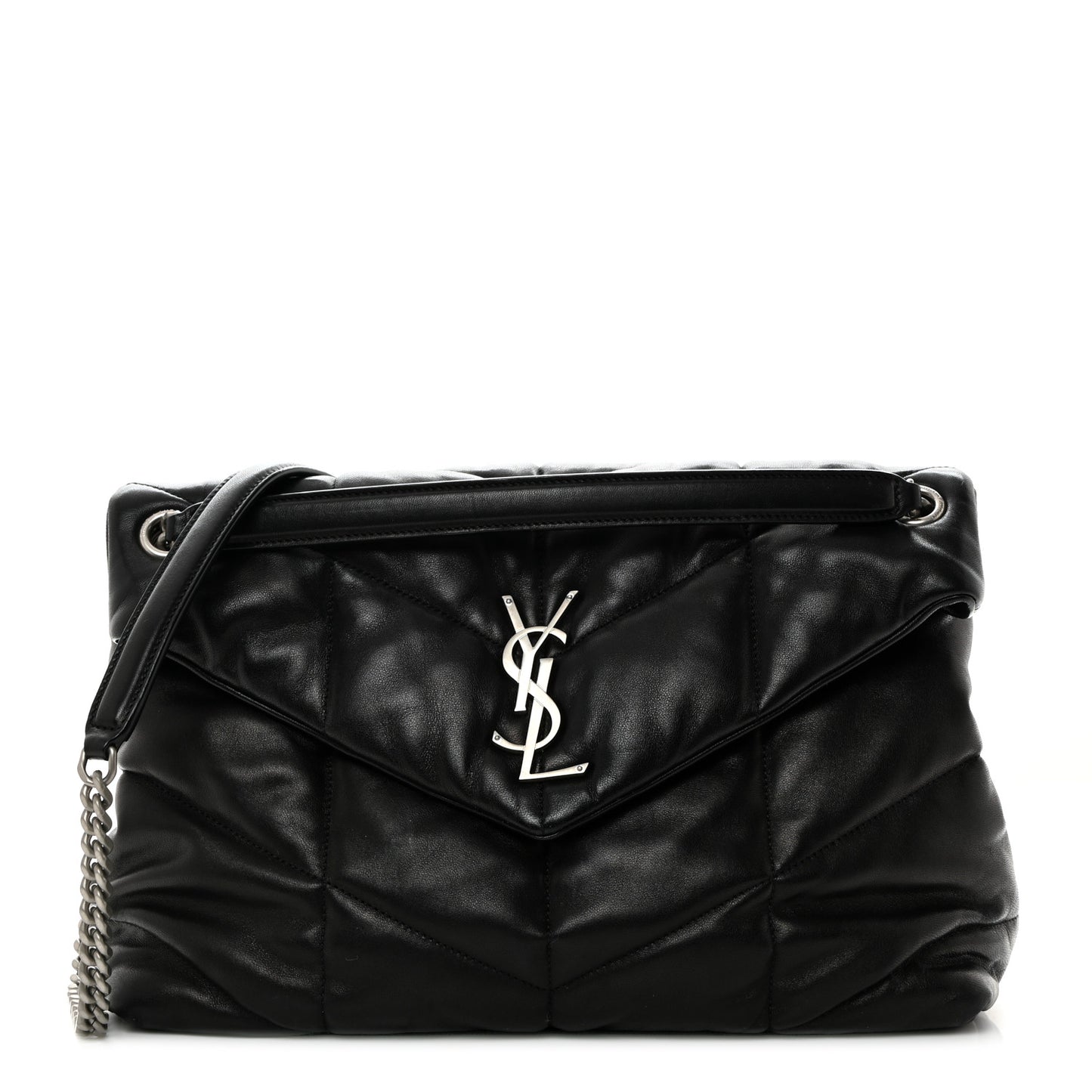 Lambskin Quilted Medium Loulou Puffer Monogram Chain Satchel Black