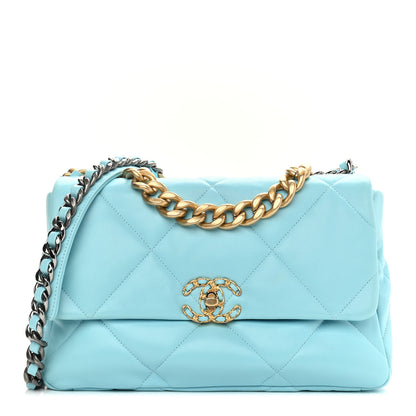 Chanel Shiny Lambskin Quilted Large Chanel 19 Flap Light Blue 1 of 12