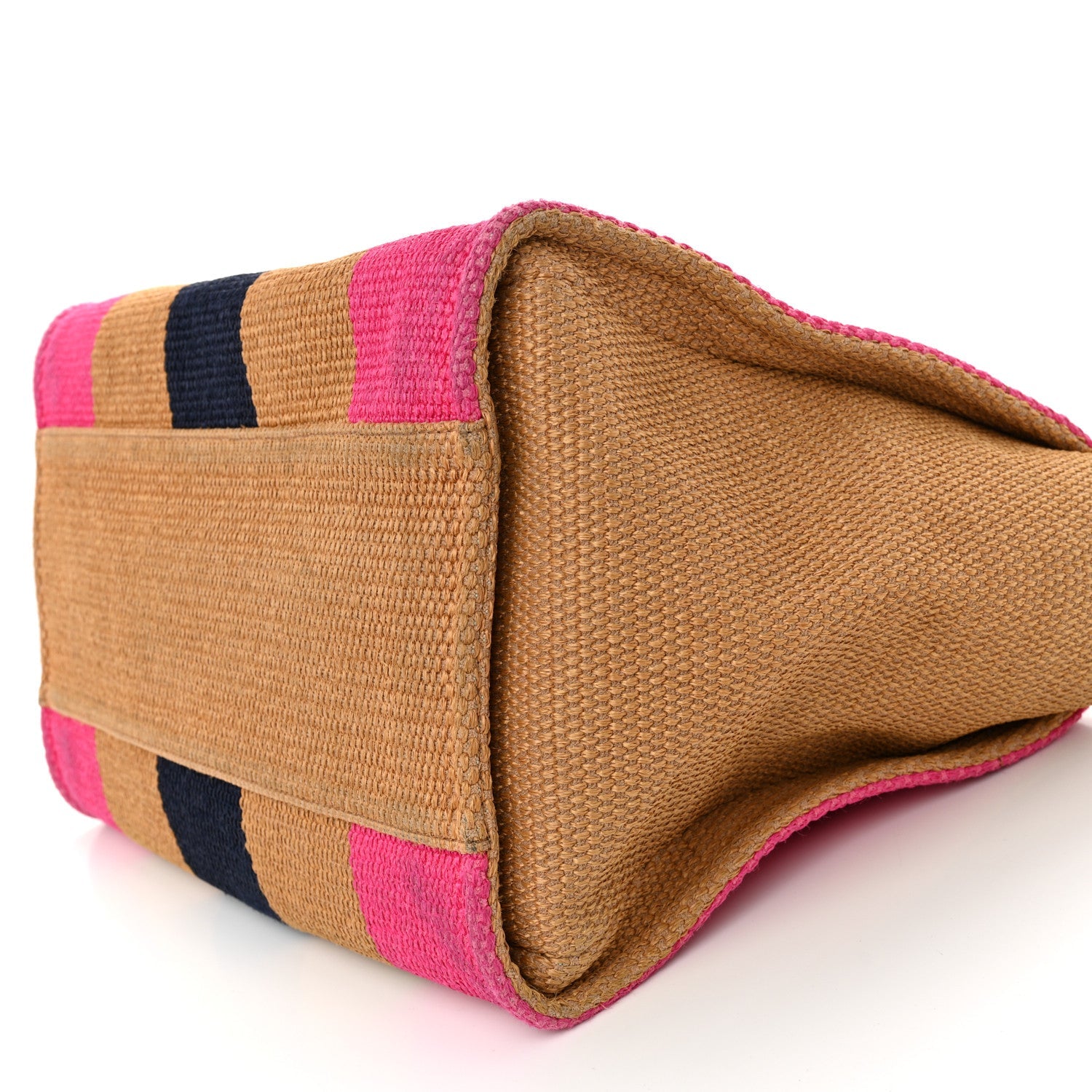 Chanel Straw Raffia Calfskin Striped Medium Deauville Tote Dark Beige Fuchsia Navy Blue 10 of 11