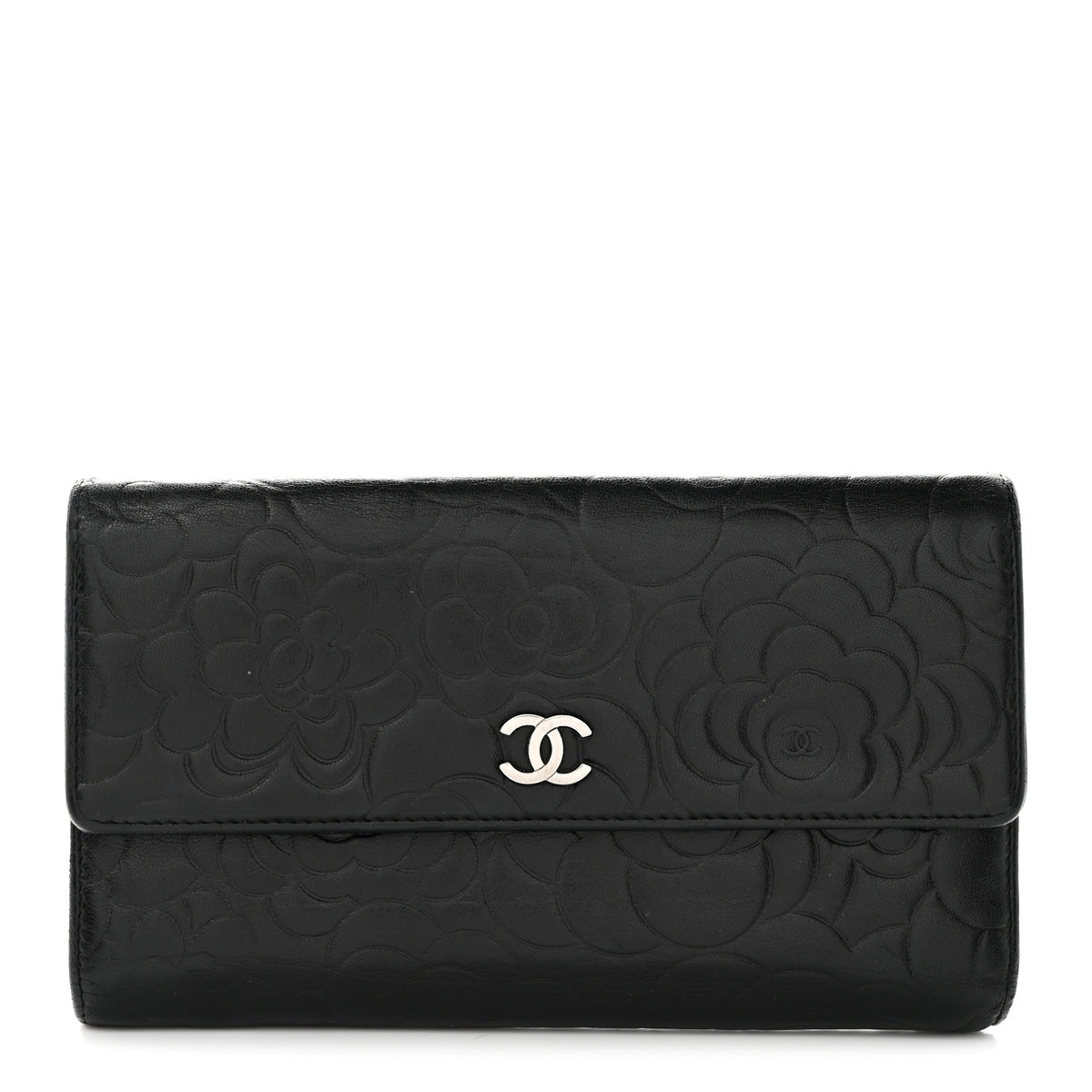Lambskin Camellia Embossed Large Flap Wallet Black