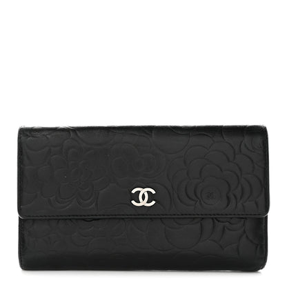 Chanel Lambskin Camellia Embossed Large Flap Wallet Black 1 of 7