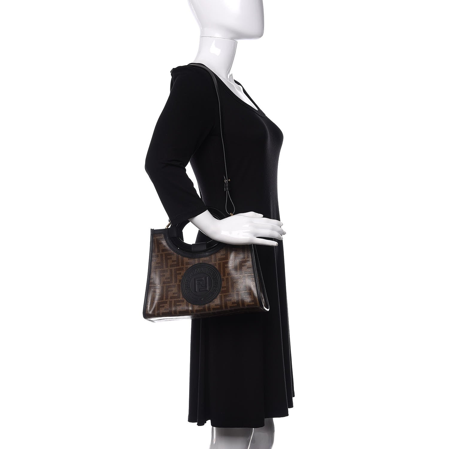 Fendi Glazed Fabric Vitello Century Plexiglass FF 1974 Stamp Patch Small Runaway Shopper Tote Mogano Panna Black 2 of 10