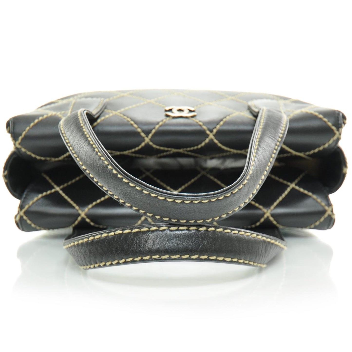 Leather Quilted Contrast Stitch Surpique Handbag Black
