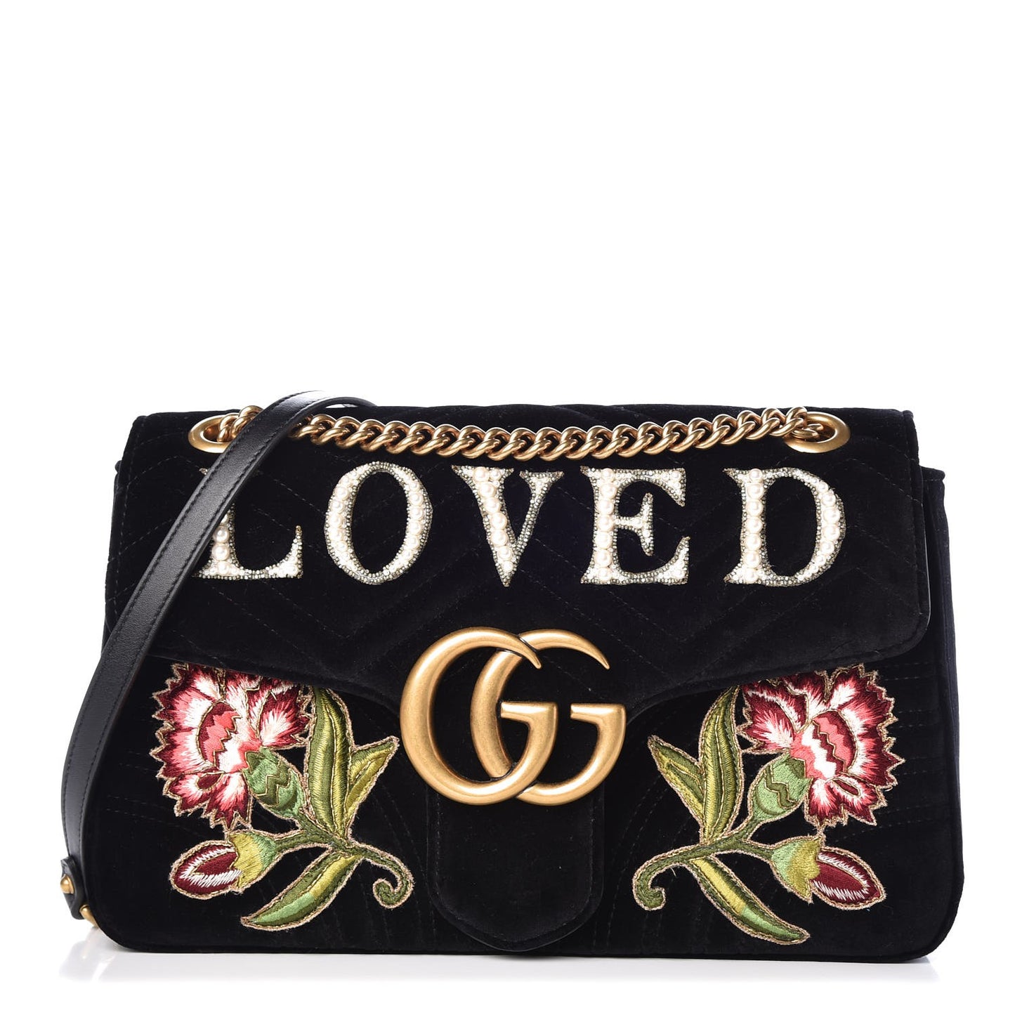 Velvet Matelasse Loved Embroidered Medium GG Marmont Shoulder Bag Black