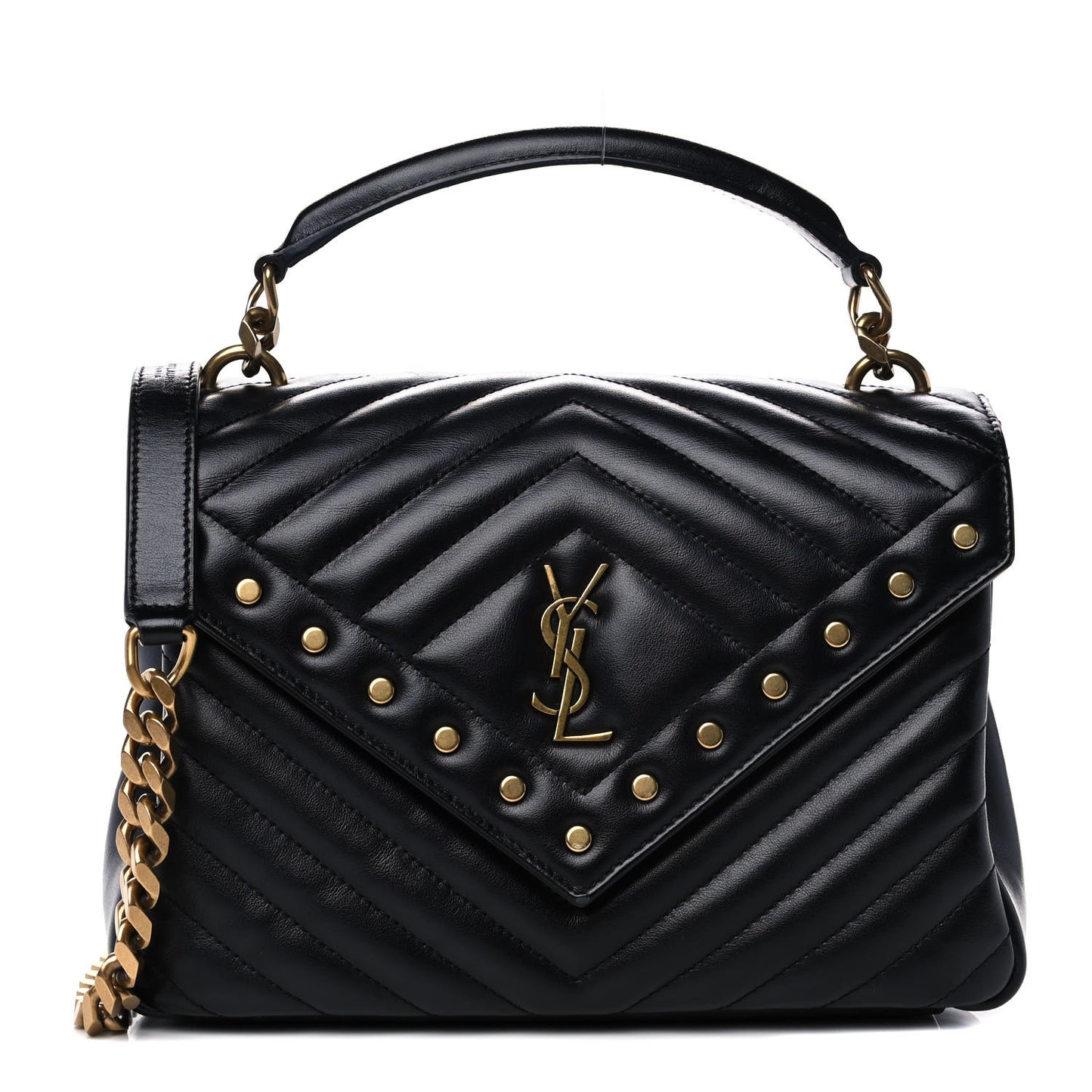 Calfskin Matelasse Chevron Studded Monogram Medium College Bag Black