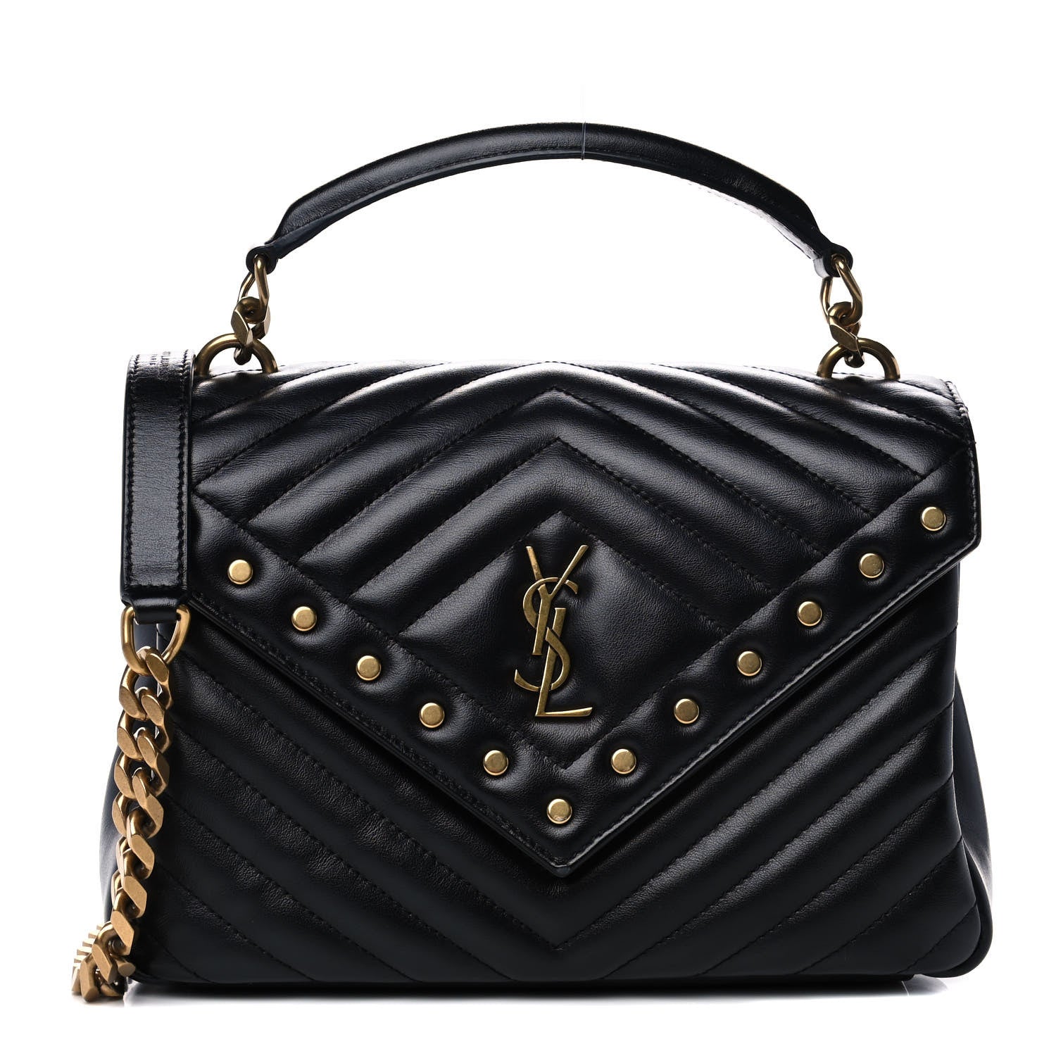 Saint Laurent Calfskin Matelasse Chevron Studded Monogram Medium College Bag Black 1 of 11
