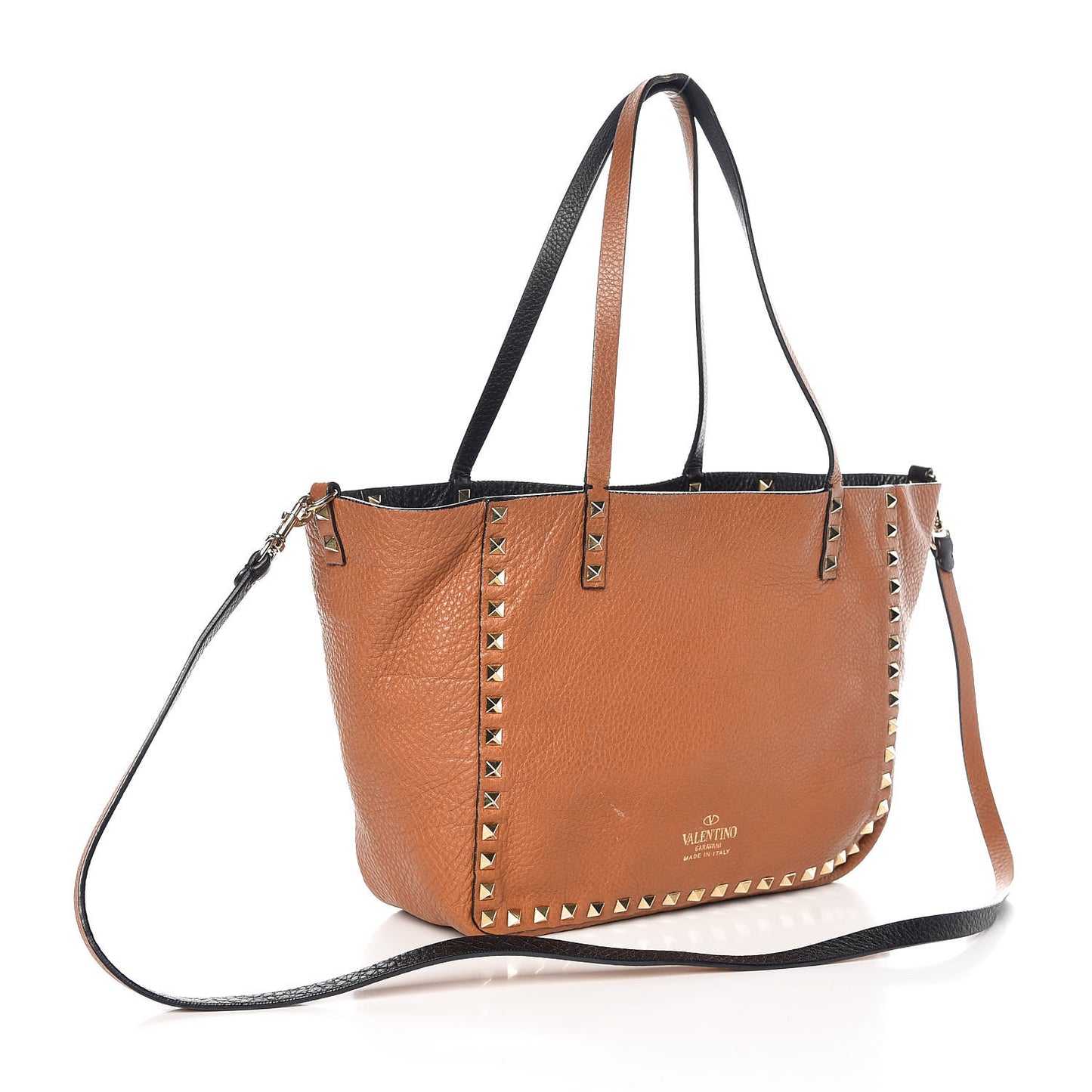 Pebbled Calfskin Small Rockstud Reversible Tote Black Light Cuir