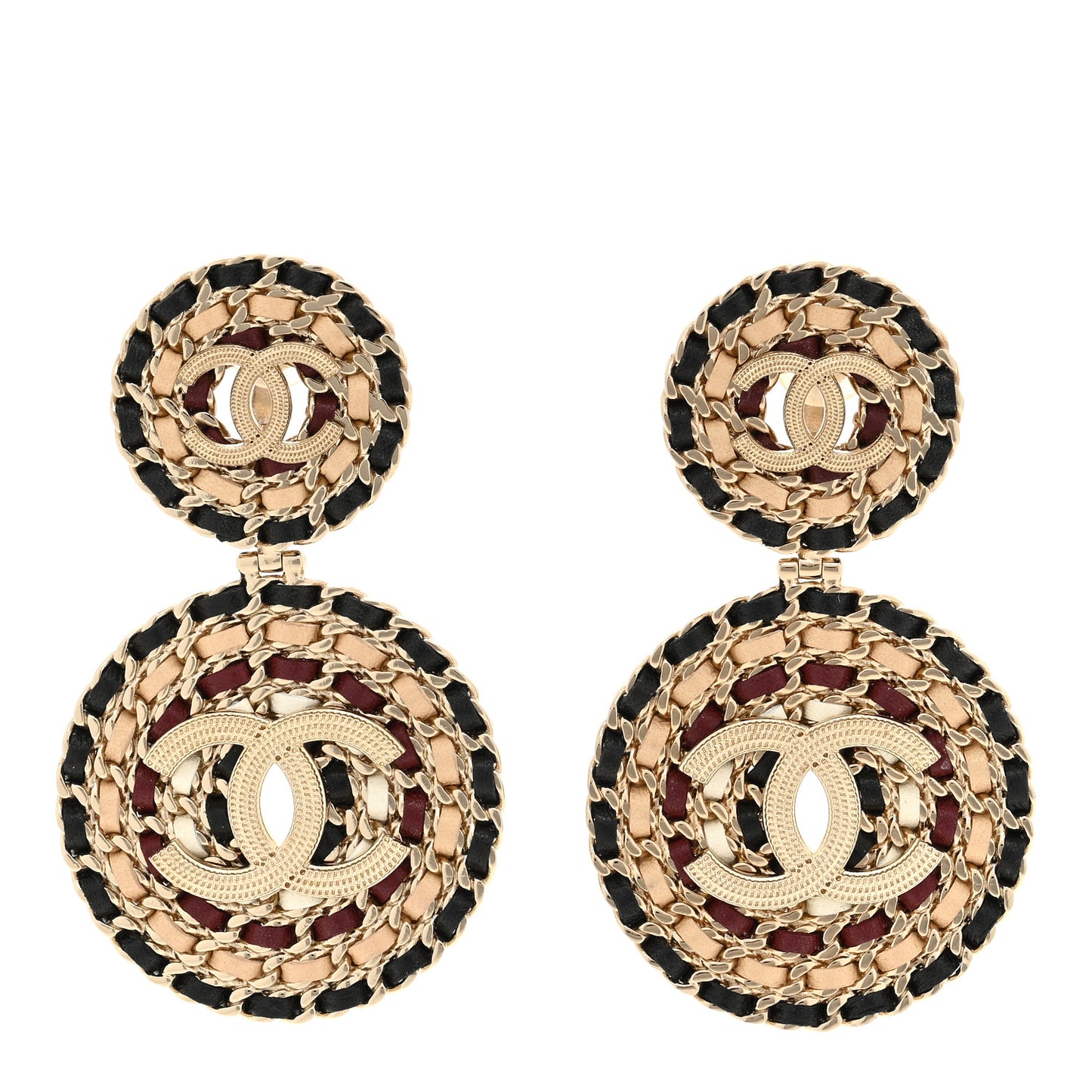 Lambskin Leather Medals CC Drop Clip On Earrings Black Beige Gold