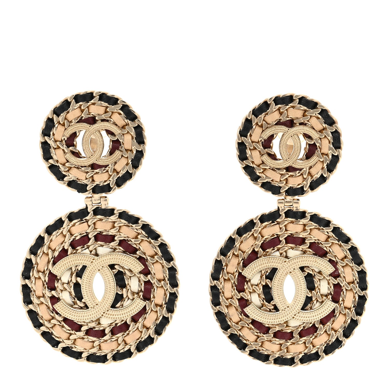 Chanel Lambskin Leather Medals CC Drop Clip On Earrings Black Beige Gold 1 of 4