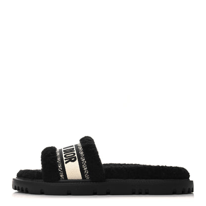 Christian Dior Shearling Canvas Lurex Embroidered Dway 10mm Slide Sandals 39 Black Natural 1 of 8