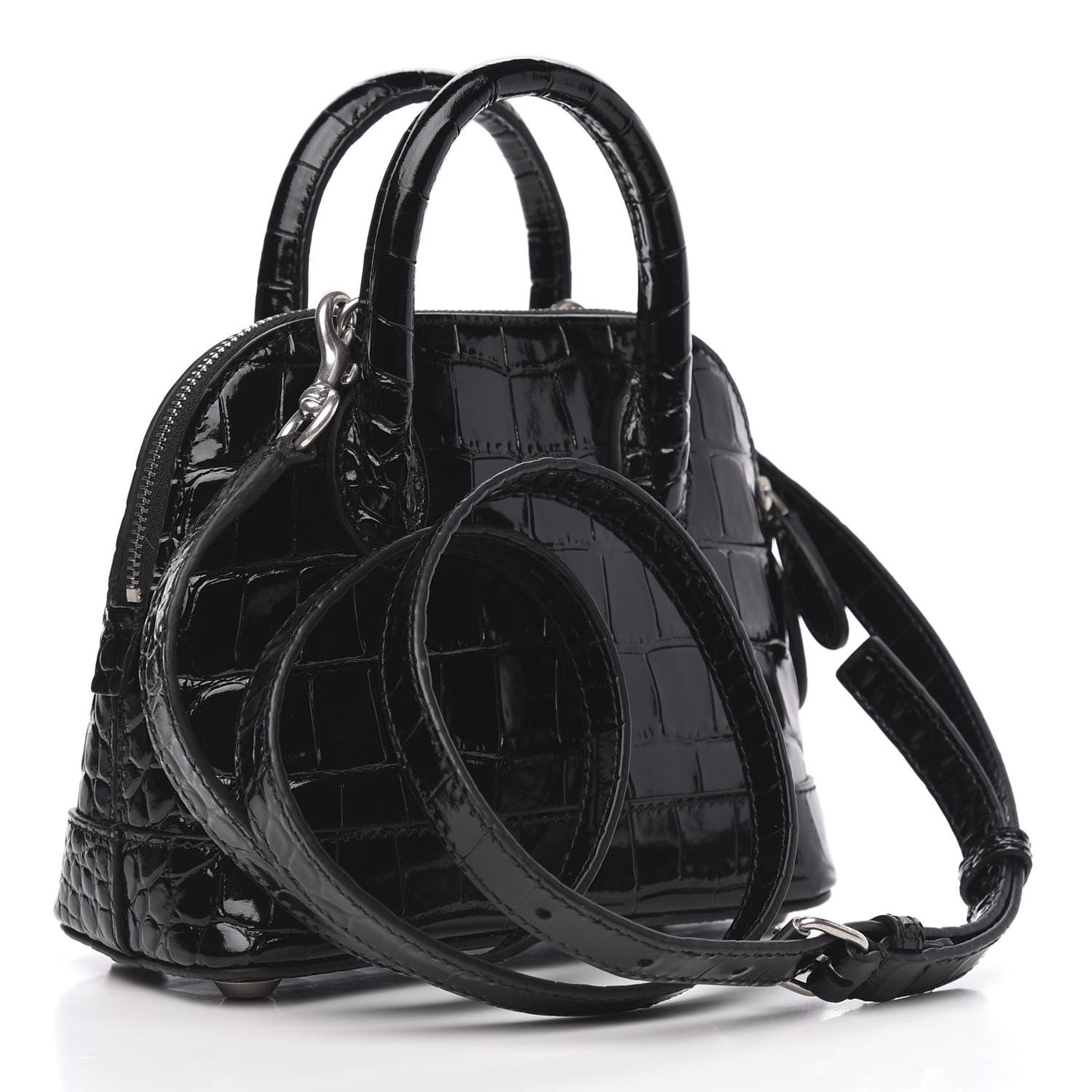 Shiny Calfskin Logo Crocodile Embossed XXS Ville Top Handle Bag Black White