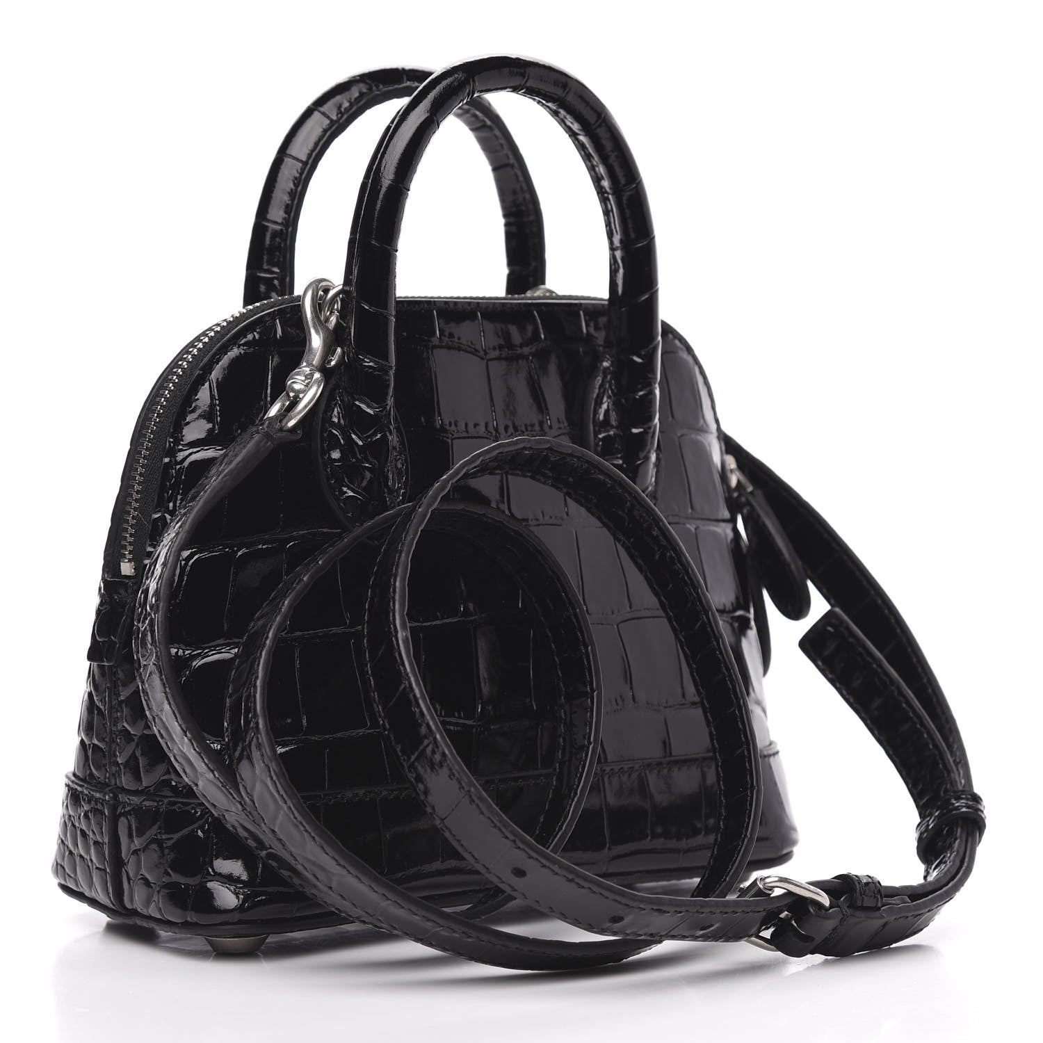 Balenciaga Shiny Calfskin Logo Crocodile Embossed XXS Ville Top Handle Bag Black White 3 of 9