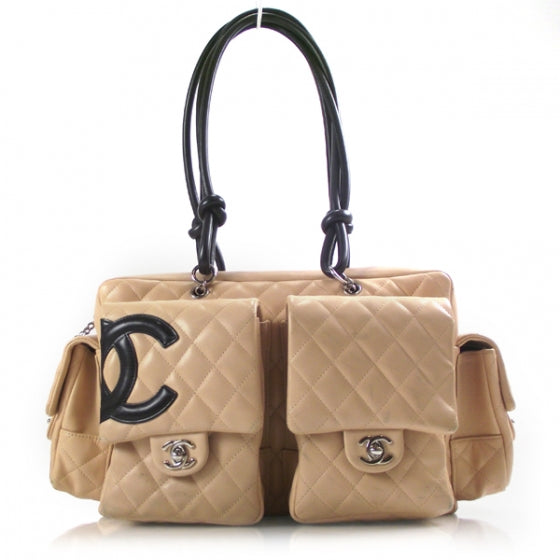 Calfskin Quilted Large Cambon Multipocket Reporter Beige Black