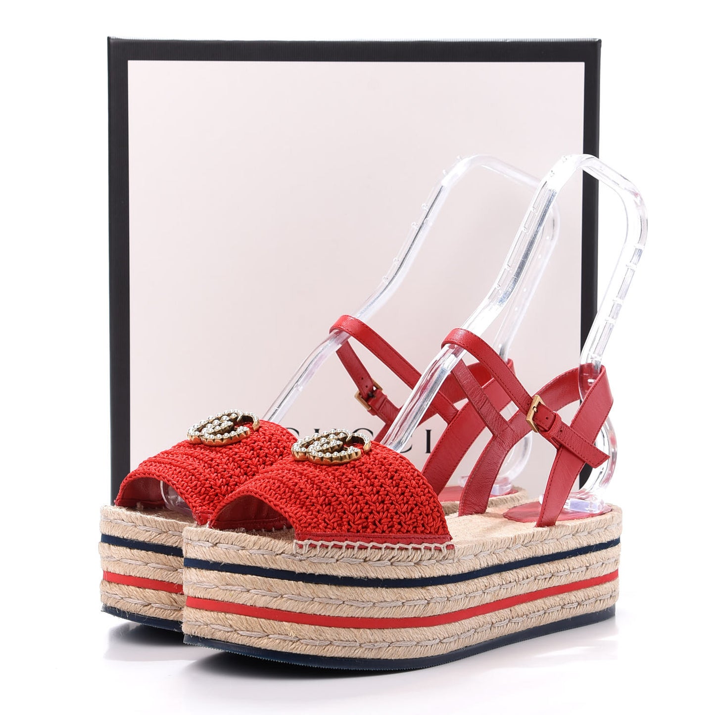 Cotton Malaga Kid Crochet Pearly GG Lilibeth Espadrille Platform Sandals 40 Hibiscus Red