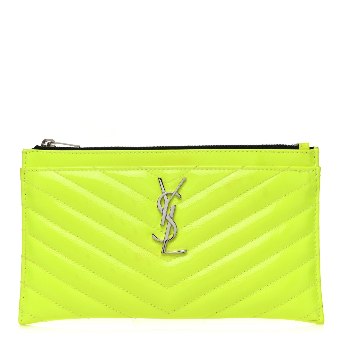 Patent Grain De Poudre Matelasse Chevron Monogram Bill Pouch Neon Yellow