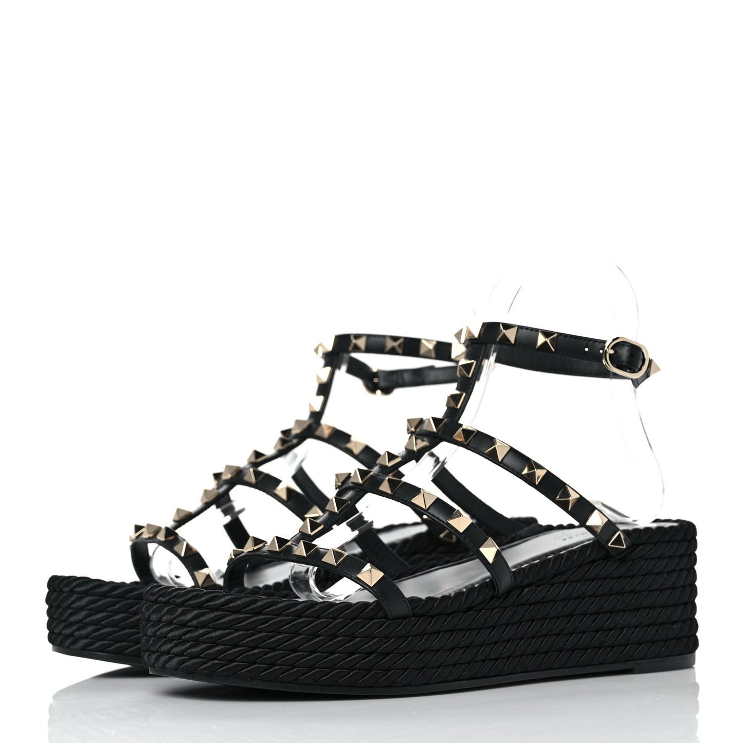 Calfskin Rockstud Ankle Strap Torchon Espadrille Caged 30/55mm Sandals 39 Black