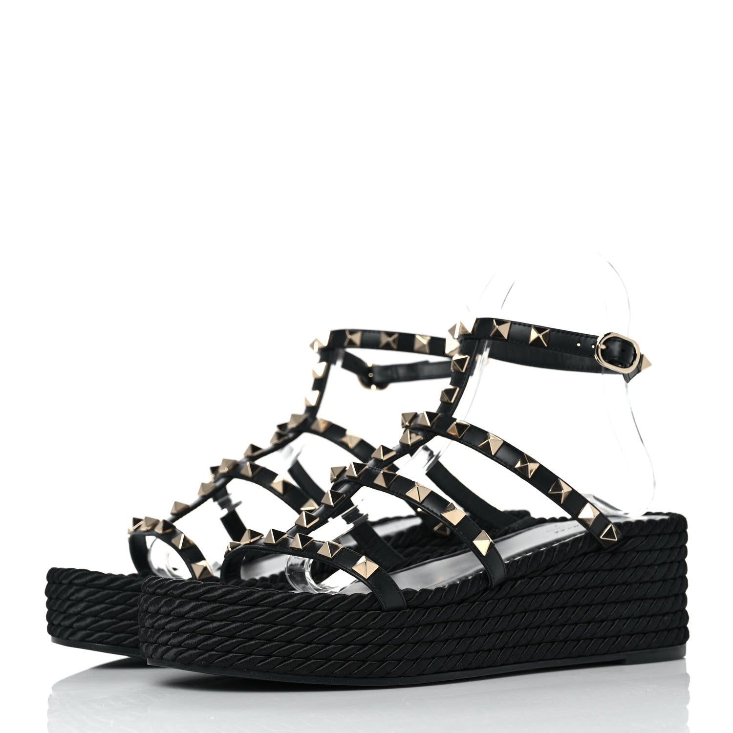 Valentino Garavani Calfskin Rockstud Ankle Strap Torchon Espadrille Caged 30/55mm Sandals 39 Black 3 of 8