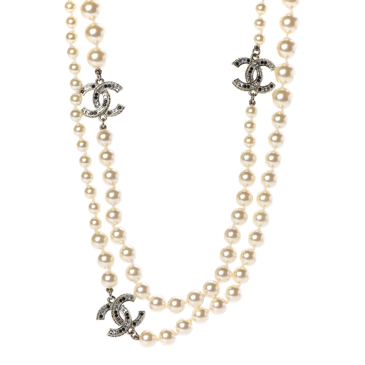 Pearl Crystal CC Long Necklace Black Gold