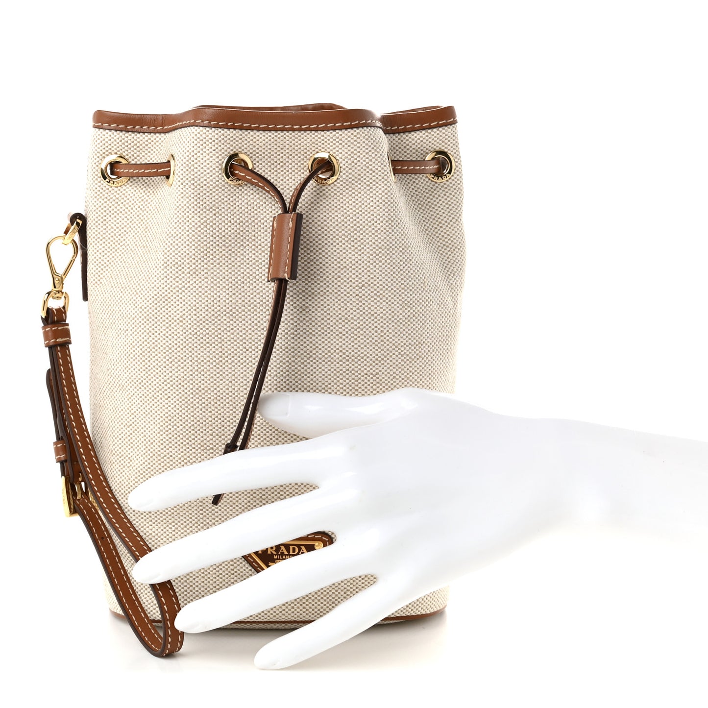 Canvas Drawstring Wristlet Pouch Beige Cognac