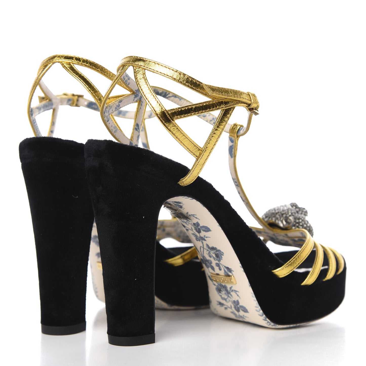 Velvet Nappa Elias T-Strap Platform High Heel Sandals 35.5 Black Gold