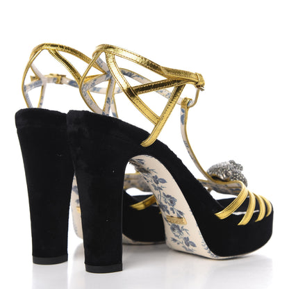 Gucci Velvet Nappa Elias T-Strap Platform High Heel Sandals 35.5 Black Gold 5 of 9