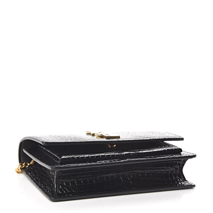 Saint Laurent Calfskin Crocodile Embossed Monogram Sunset Chain Wallet Black 4 of 9