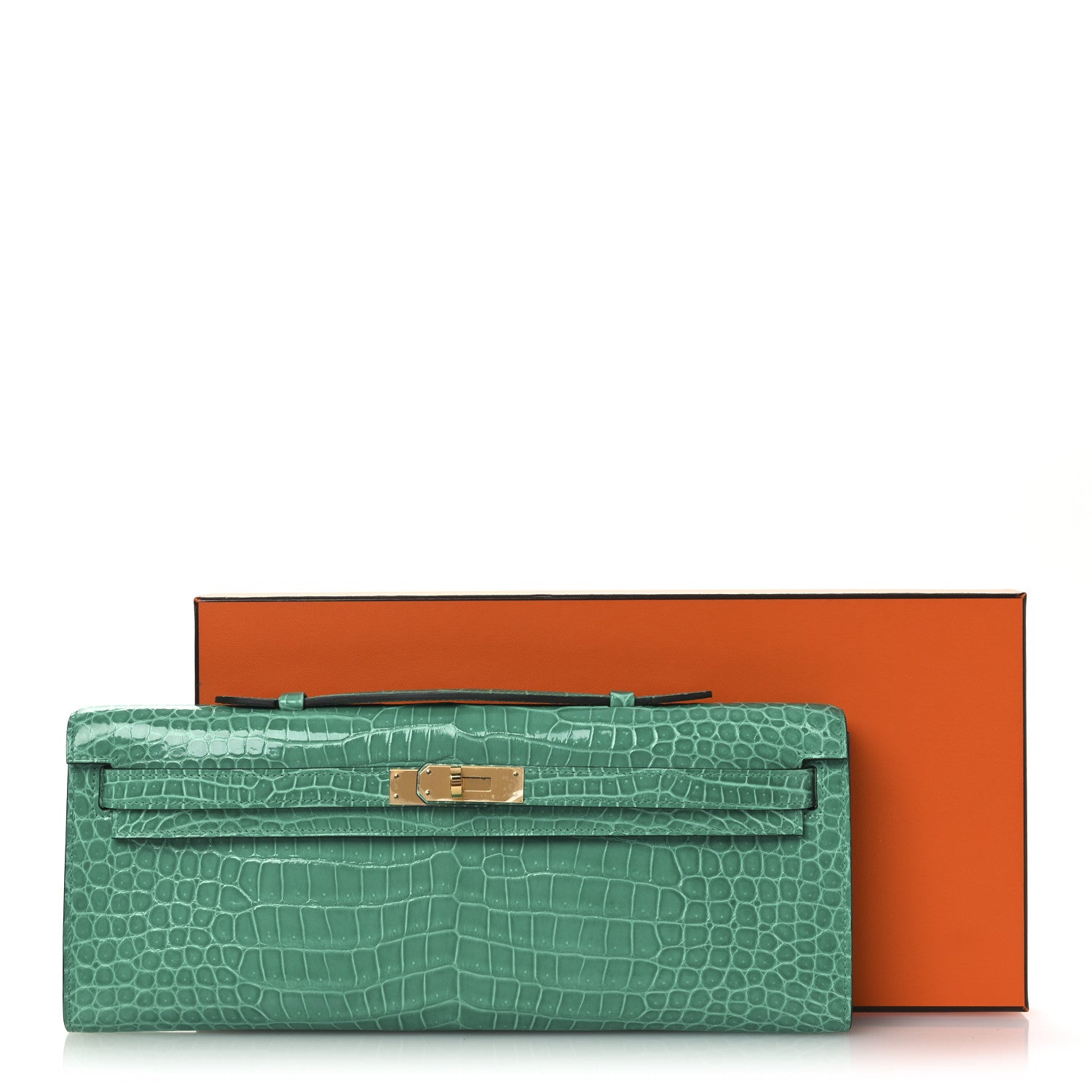 Hermes Shiny Porosus Crocodile Kelly Cut Pochette Vert Jade