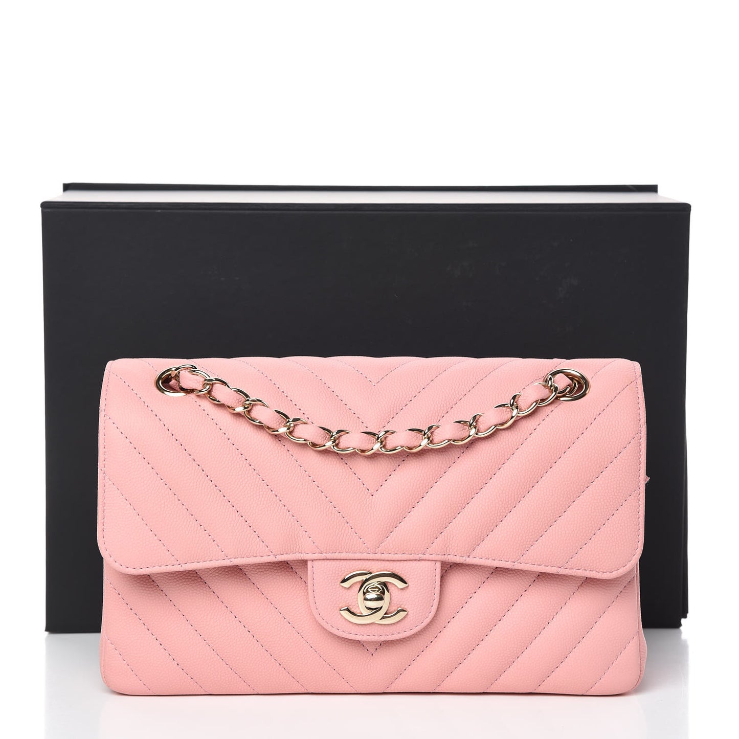 Caviar Chevron Quilted Small Double Flap Pink