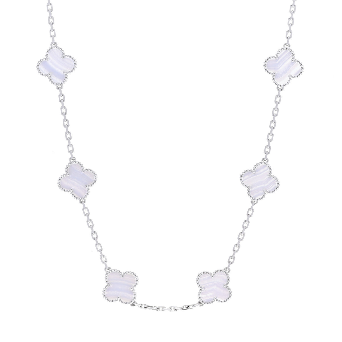 18K White Gold Chalcedony 10 Motifs Vintage Alhambra Necklace