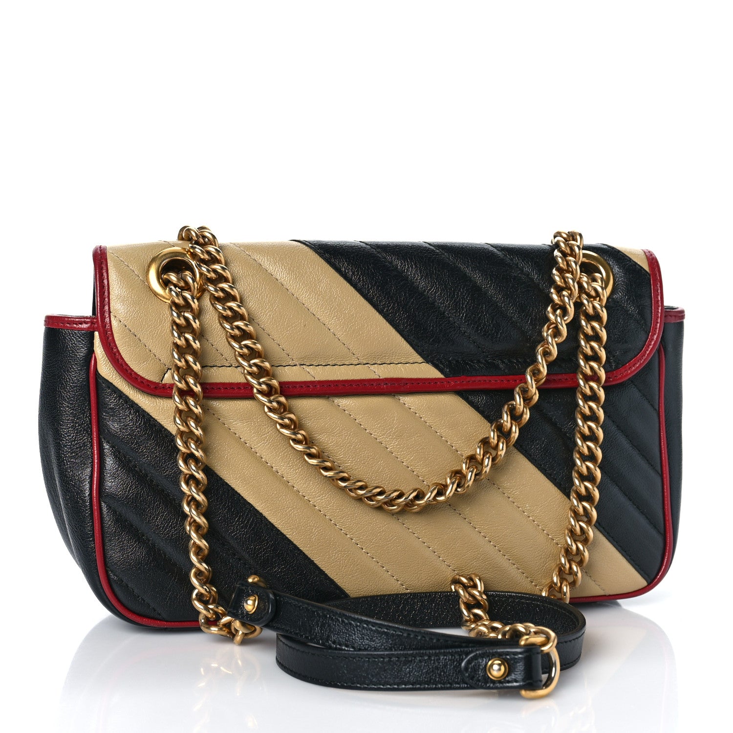 Gucci Vintage Effect Calfskin Matelasse Diagonal Striped Small Torchon GG Marmont Shoulder Bag Black Beige 3 of 12