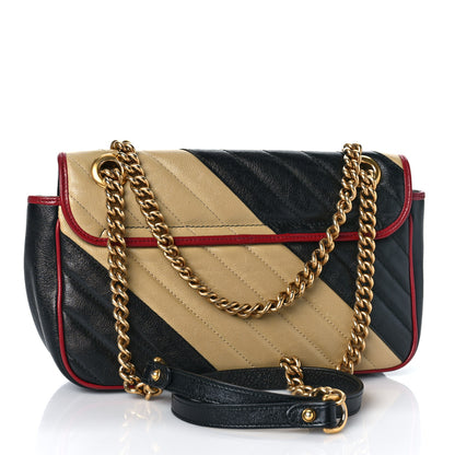 Gucci Vintage Effect Calfskin Matelasse Diagonal Striped Small Torchon GG Marmont Shoulder Bag Black Beige 3 of 12