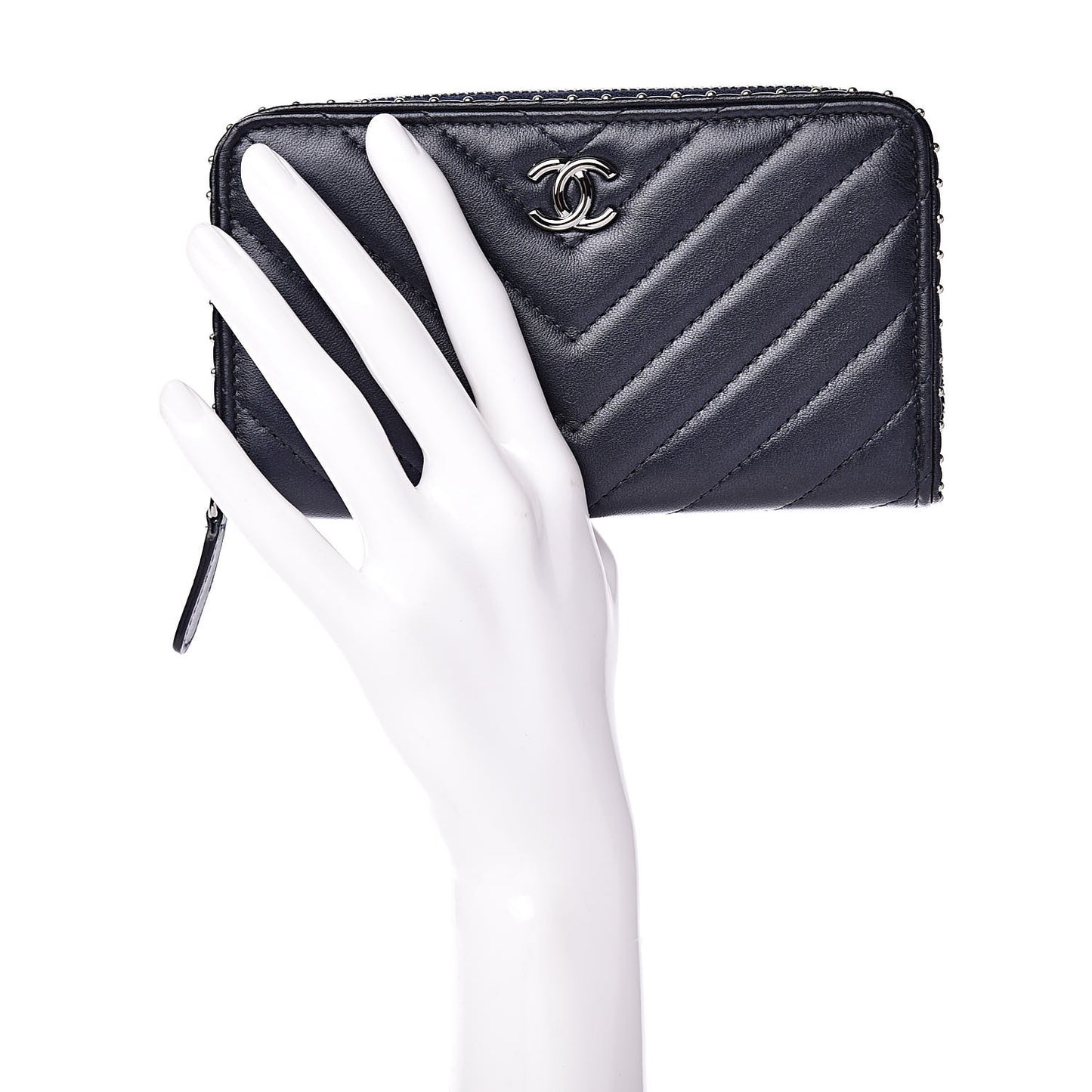 Lambskin Chevron Quilted Studded Zip Around Wallet Navy Blue