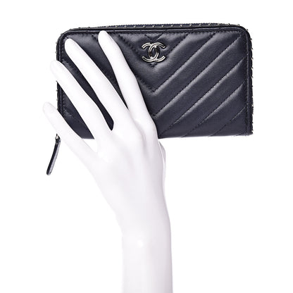 Chanel Lambskin Chevron Quilted Studded Zip Around Wallet Navy Blue 2 of 9