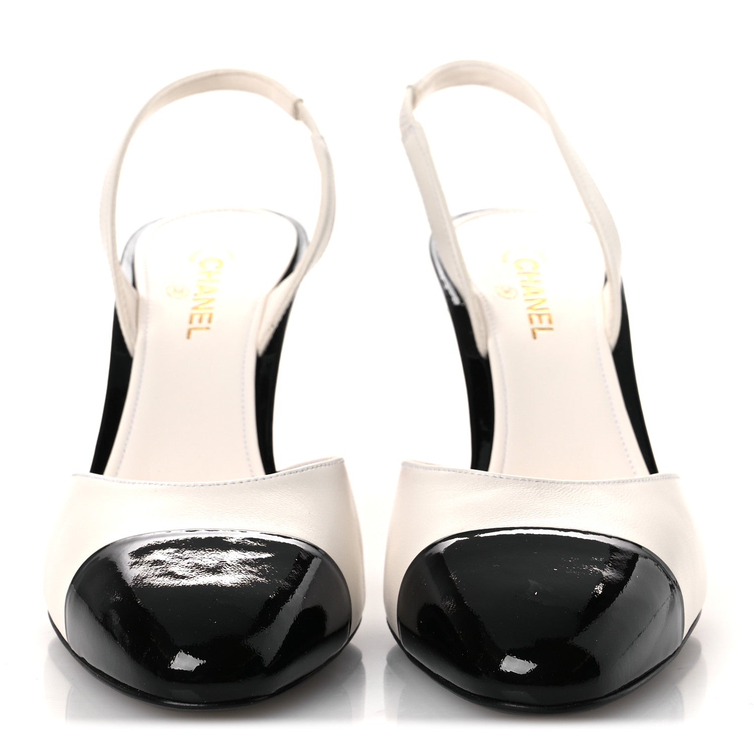 Chanel Lambskin Patent Calfskin Cap Toe CC Apple Slingback Pumps  39 White Black 3 of 11