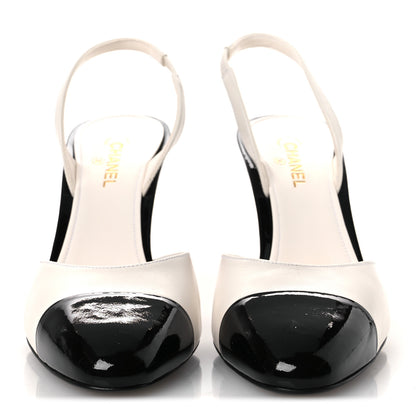 Chanel Lambskin Patent Calfskin Cap Toe CC Apple Slingback Pumps  39 White Black 3 of 11