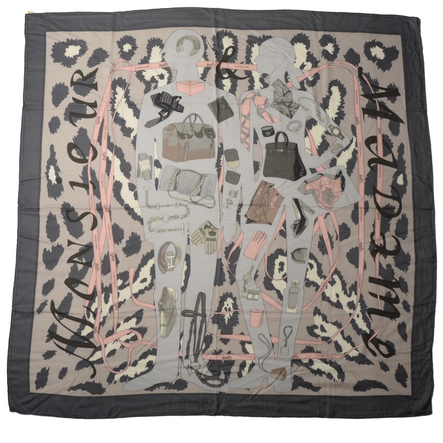 Hermes Cashmere Silk Monsieur Et Madame Shawl 140 Gris Acier Gris Perle Rose Pale 2 of 6