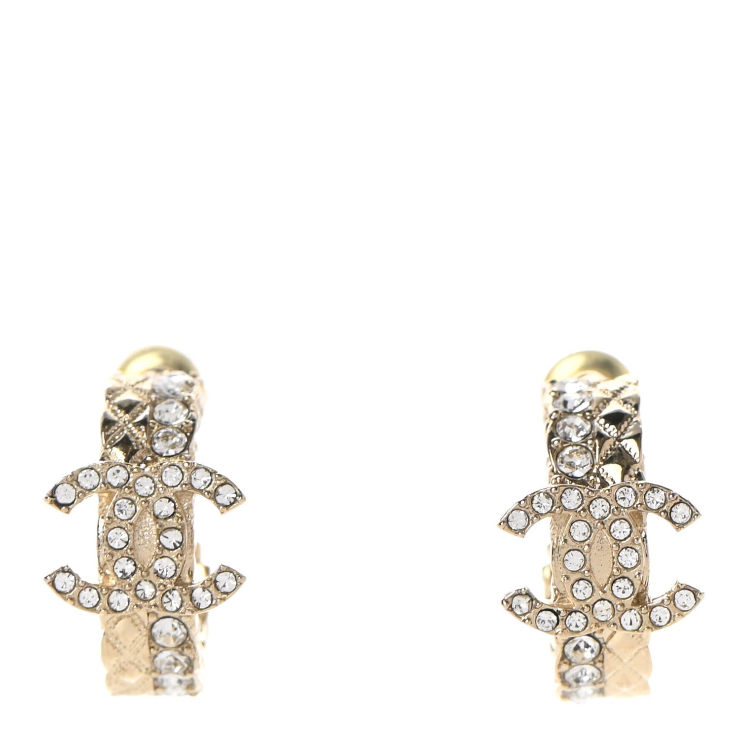 Chanel Metal Crystal Quilted CC Hoop Earrings Gold 1 of 5