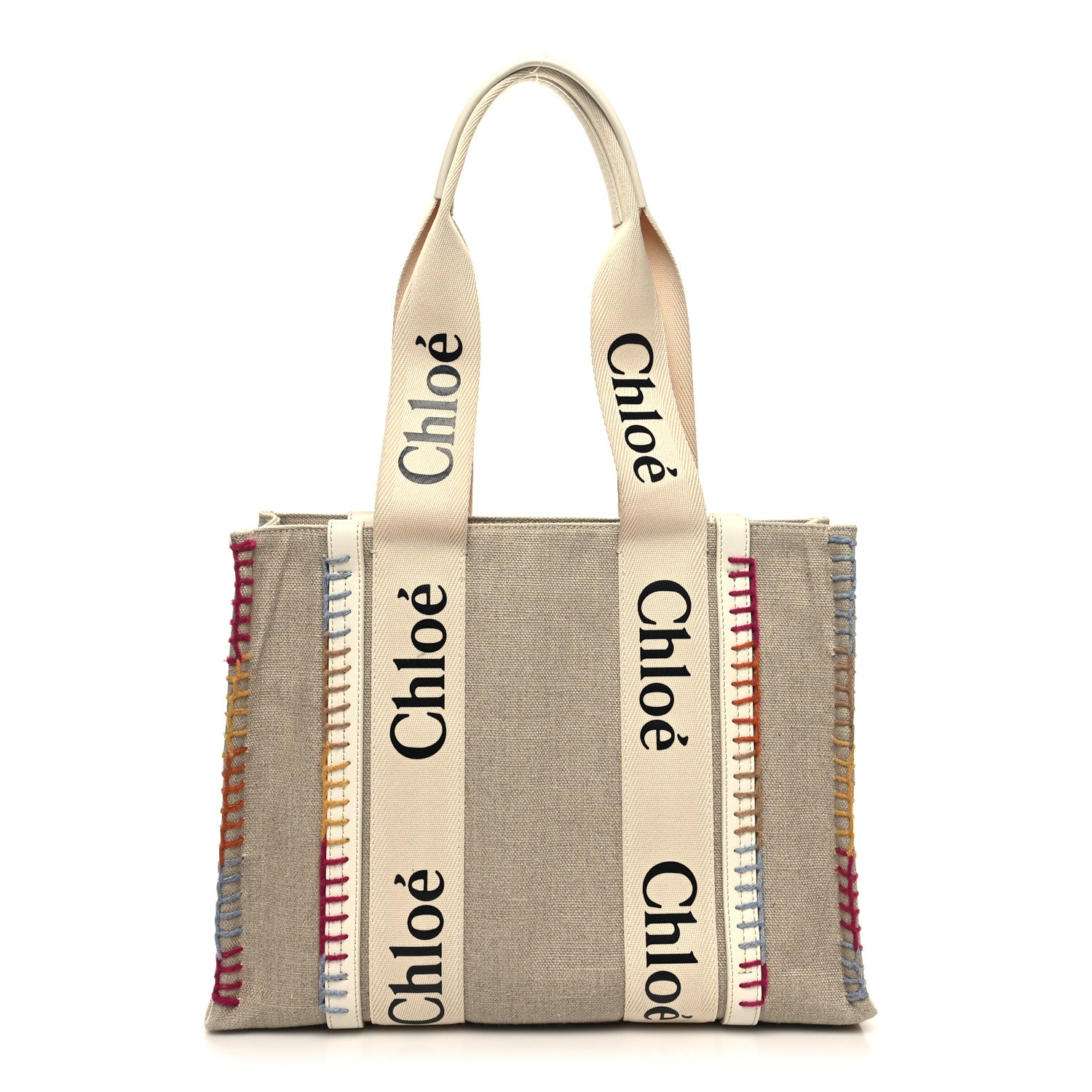 Chloe Linen Canvas Calfskin Blanket Stitched Medium Woody Ribbon Tote White Multicolor 1 of 10